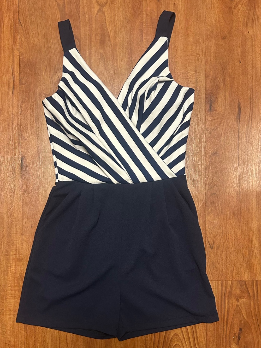 Boohoo Navy and White Striped Wrap Romper